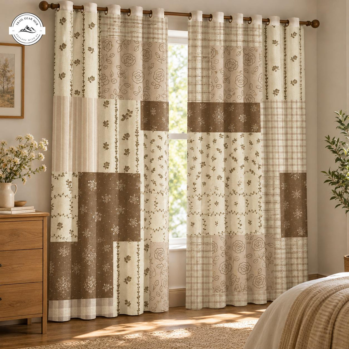 Rustic Brown Patchwork  Grommet Curtains TN198GRMCT