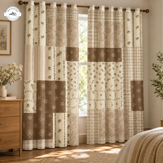 Rustic Brown Patchwork  Grommet Curtains TN198GRMCT