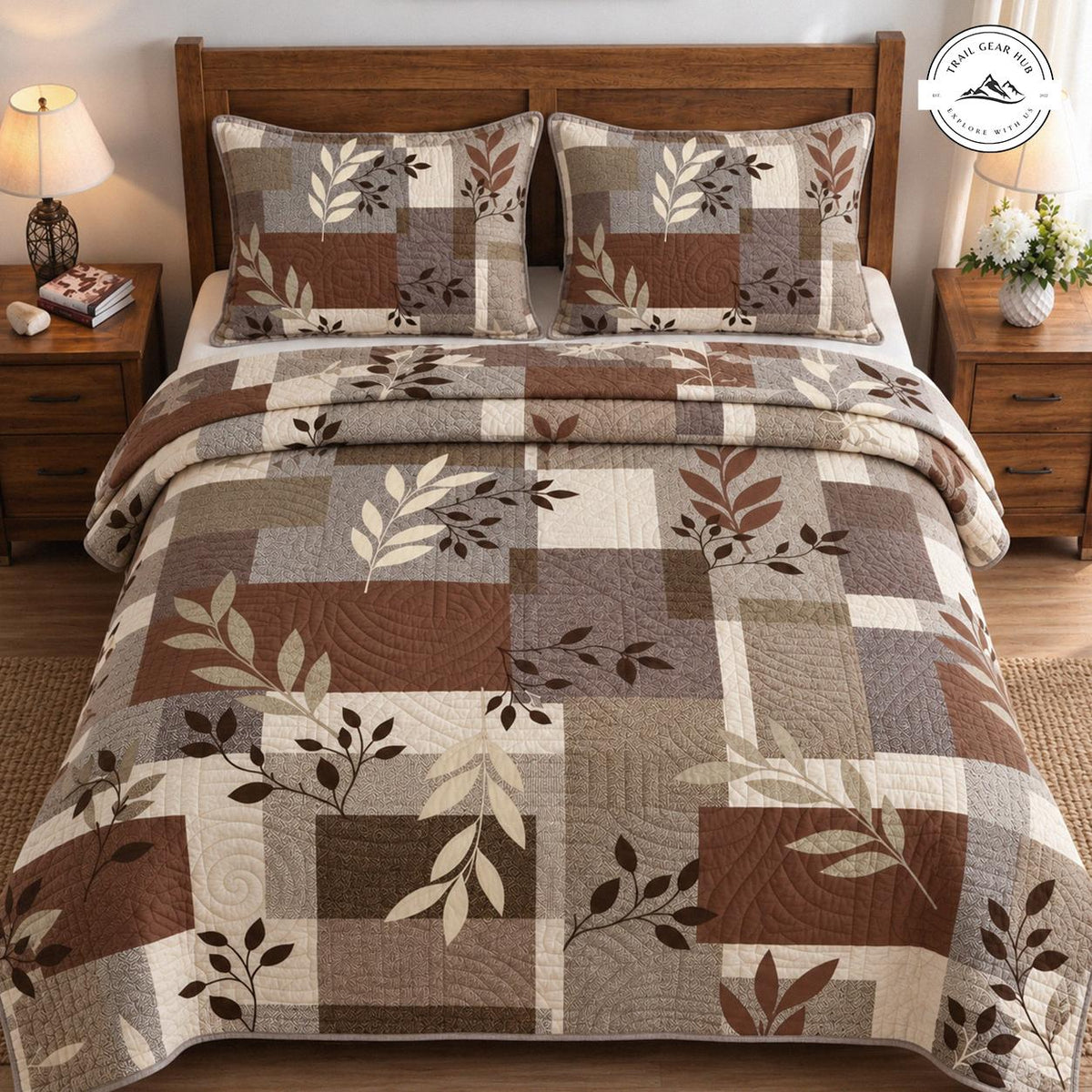Rustic Brown Leaf Patchwork Quilted Bedding Set TN200