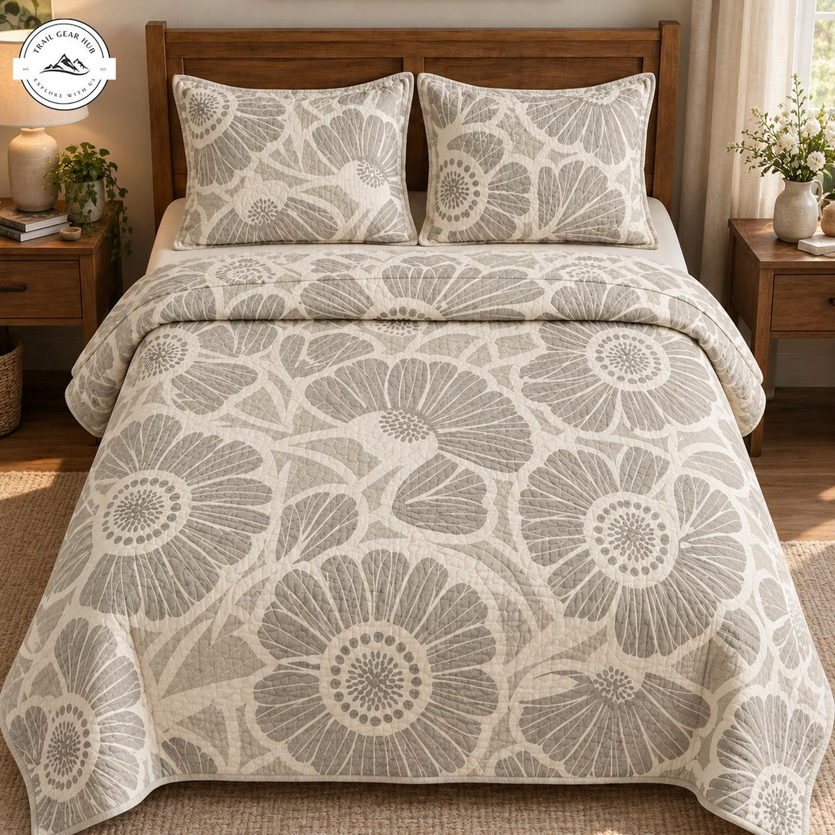 Beige & White Boho Floral Quilted Bedding Set TN225