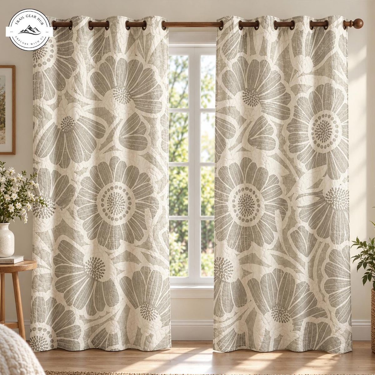 Beige & White Boho Floral Quilted Curtains TN225QLTCT