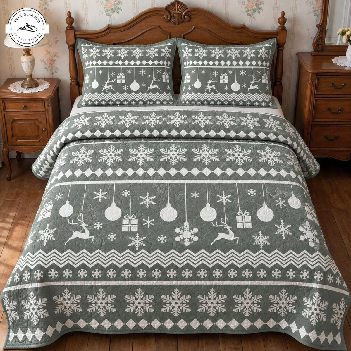 Holiday Cheer Green Quilted Bedding Set TN227