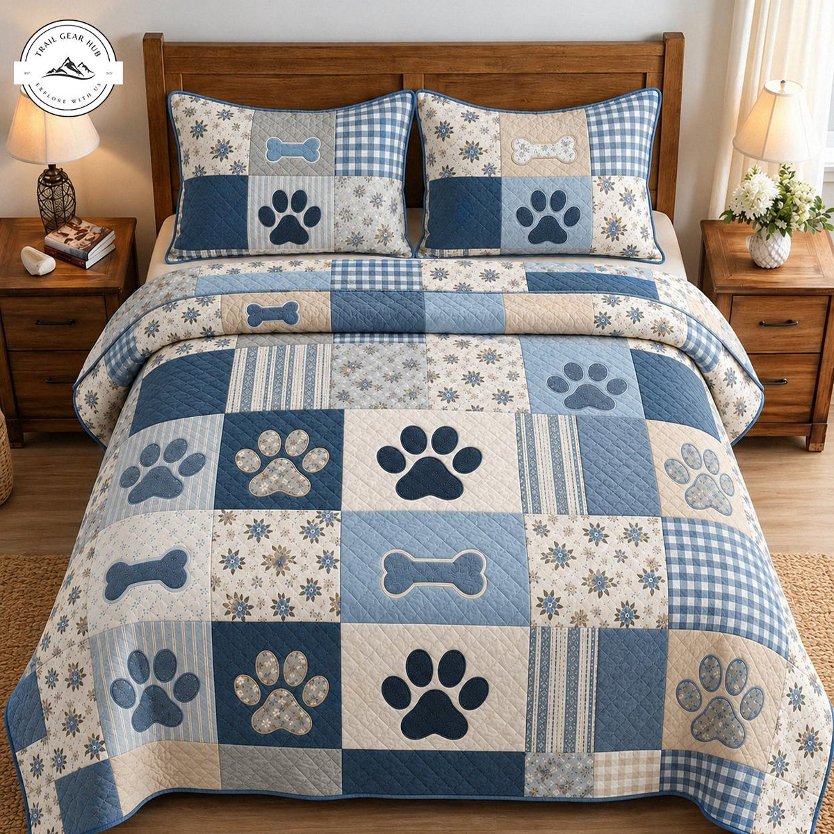 Rustic Blue Dog Bone & Paw Print Patchwork Quilted Bedding Set TN235