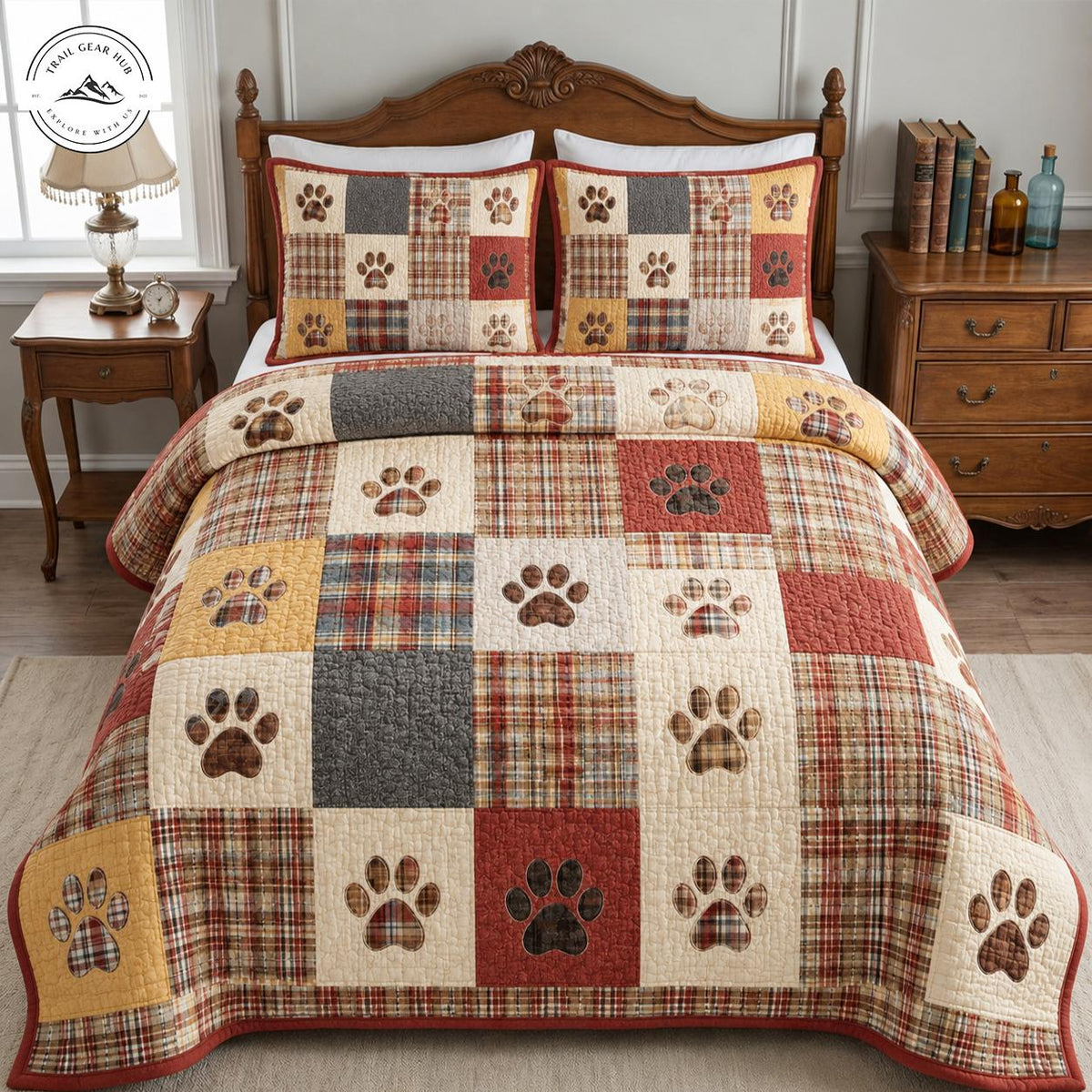 Rustic Paw Print Plaid Patchwork Quilted Bedding Set TN236