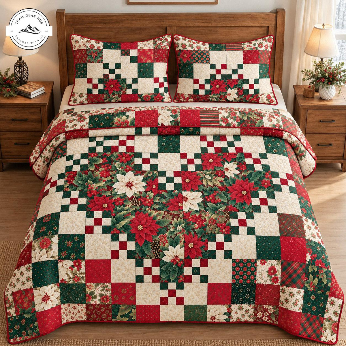 Festive Poinsettia Patchwork Holiday Quilted Bedding Set TN247