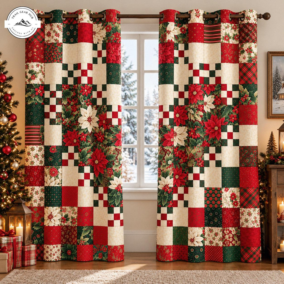 Festive Poinsettia Patchwork Holiday Quilted Curtains TN247QLTCT