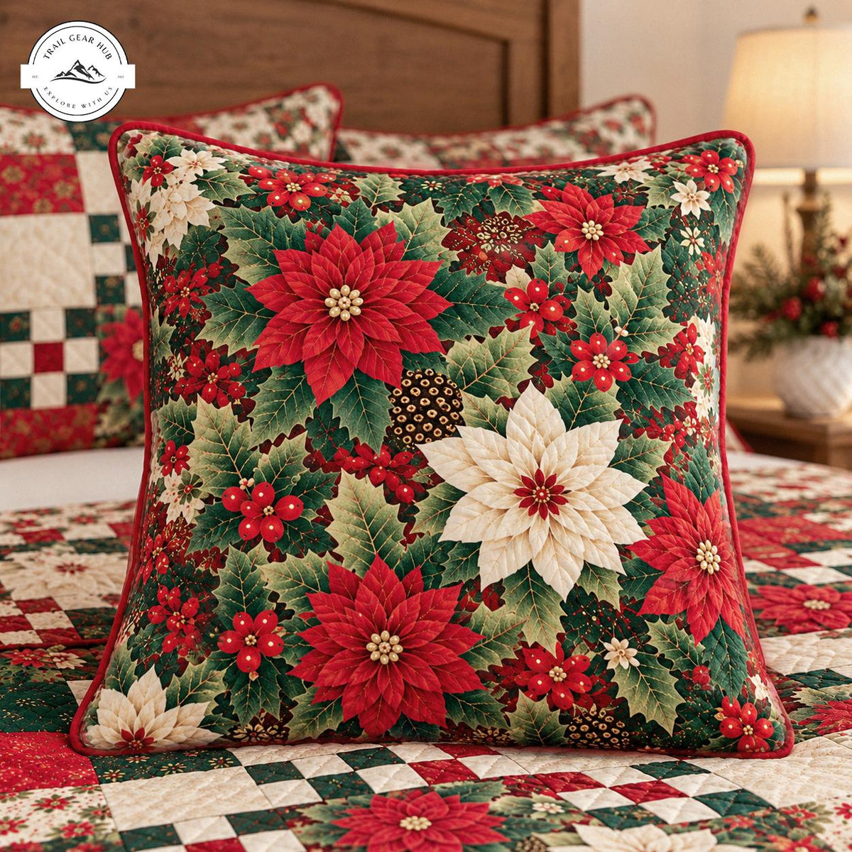 Festive Poinsettia Patchwork Holiday Quilted Pillow Cover TN247QLTPLC