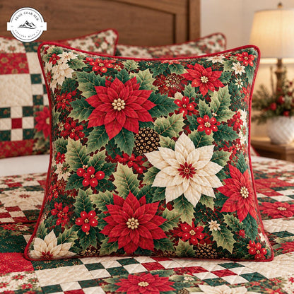 Festive Poinsettia Patchwork Holiday Quilted Pillow Cover TN247QLTPLC