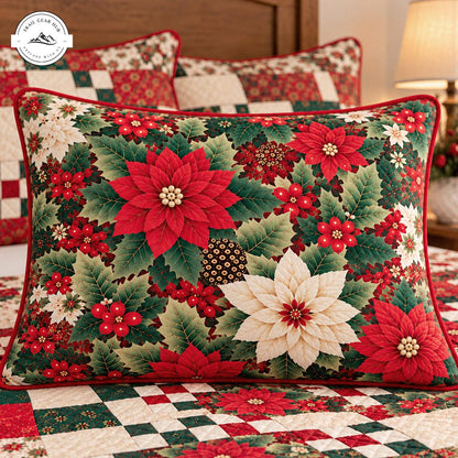 Festive Poinsettia Patchwork Holiday Quilted Pillow Cover TN247QLTPLC