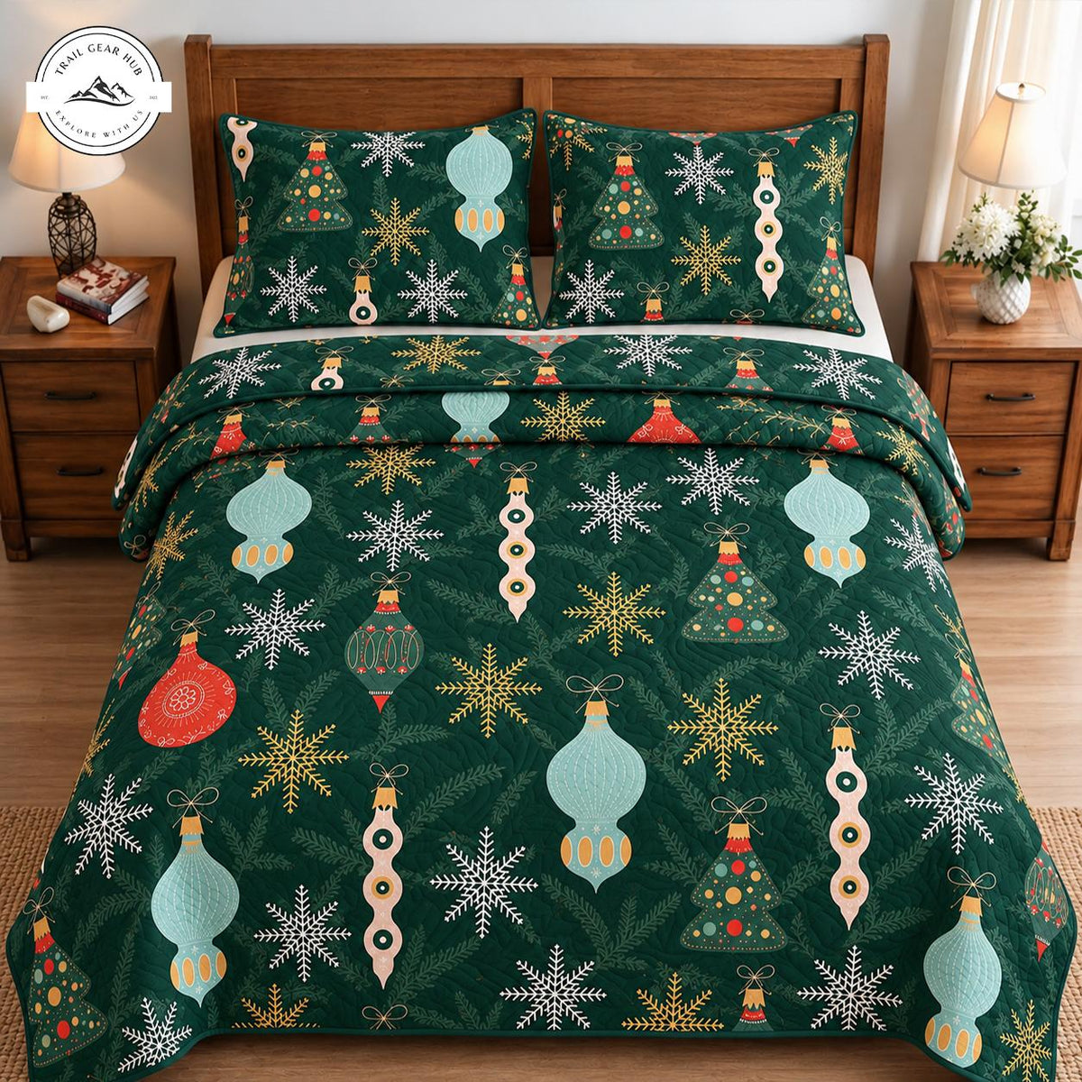 Christmas Tree and Ornament Quilted Bedding Set TN249