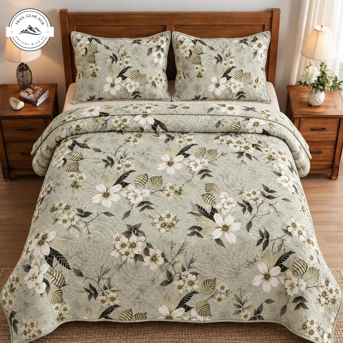 Sage Green Botanical Floral Quilted Bedding Set TN259