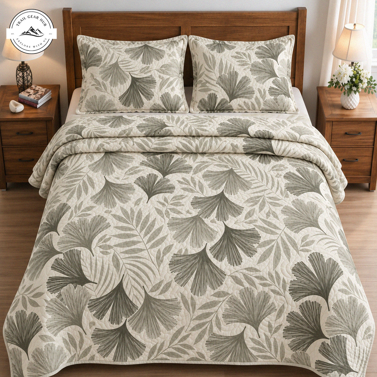 Farmhouse Sage Green Ginko Leaves Quilted Bedding Set TN268