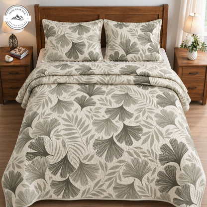Farmhouse Sage Green Ginko Leaves Quilted Bedding Set TN268