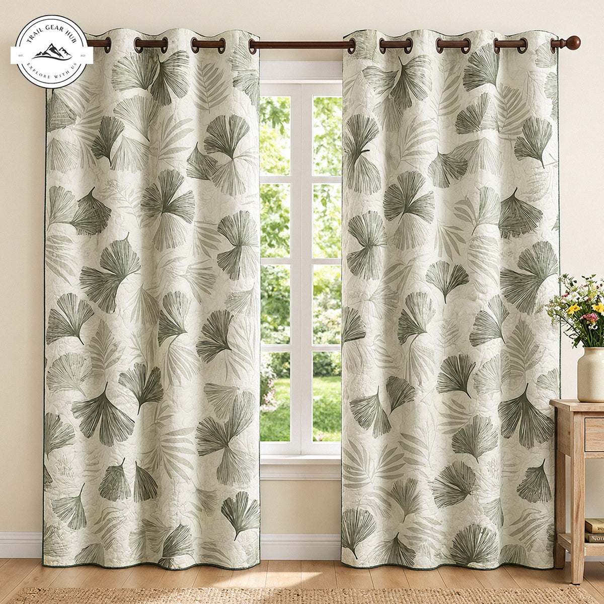 Farmhouse Sage Green Ginko Leaves Quilted Curtains TN268QLTCT