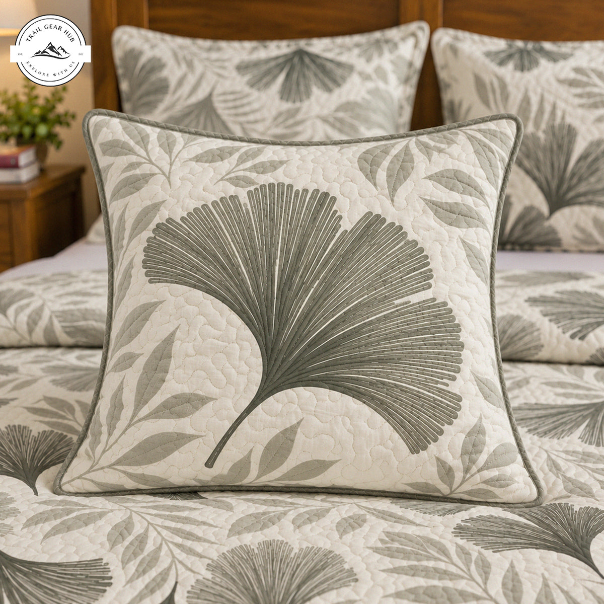Farmhouse Sage Green Ginko Leaves Quilted Pillow Cover TN268QLTPLC