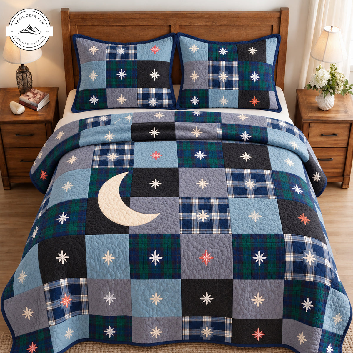 Moon and Stars Plaid Quilted Bedding Set TN270