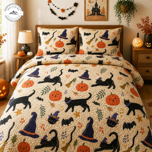 Halloween Black Cat & Pumpkin Quilted Duvet Cover Set TN10