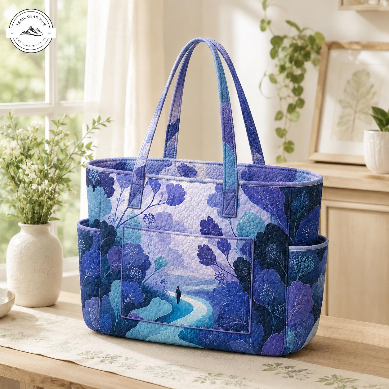 Artistic Blue Landscape Multiple Pockets Quilted Tote Bag TN03