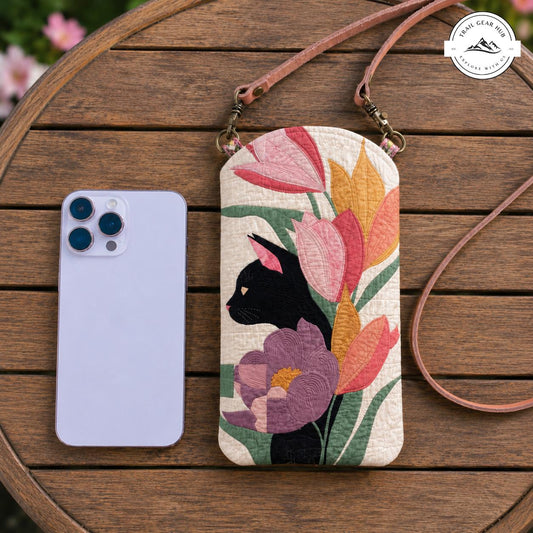 Floral Black Cat Quilted Slim Phone Crossbody Bag TN16
