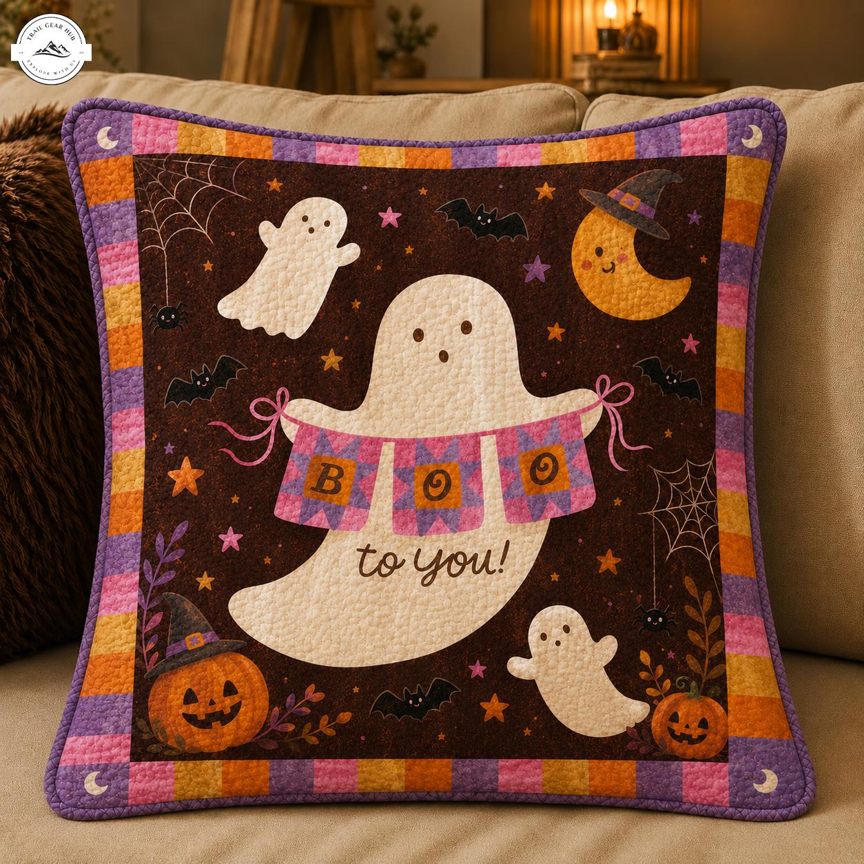 Halloween Ghost & Pumpkin Quilted Pillow Cover TN01QLTPLC