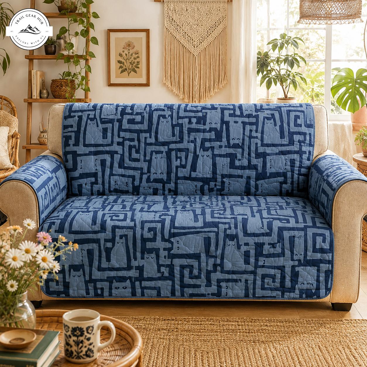 Blue Geometric Cat Quilted Seat Sofa TN21