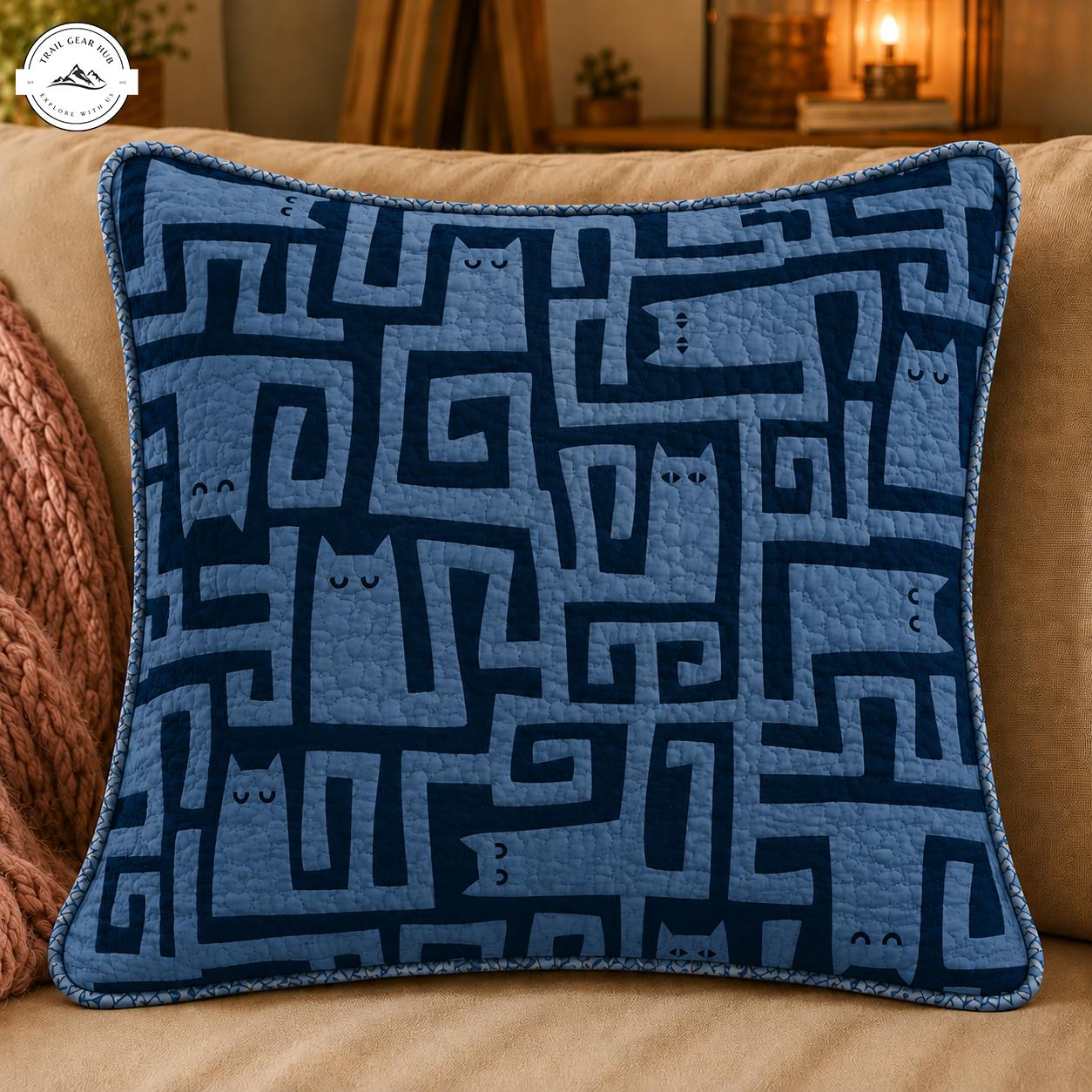 Blue Geometric Cat Quilted Pillow Cover TN21QLTPLC