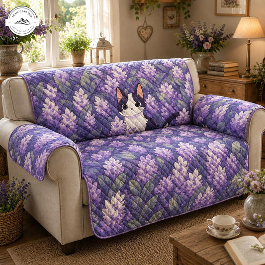 Cute Tuxedo Cat & Lavender Floral Quilted Seat Sofa TN49