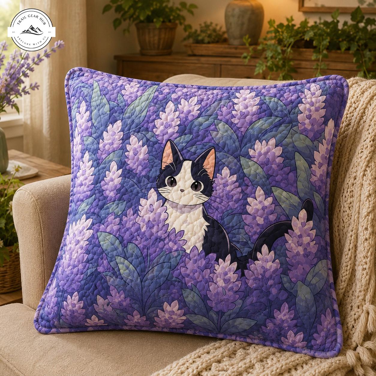 Cute Tuxedo Cat & Lavender Floral Quilted Pillow Cover TN49QLTPLC