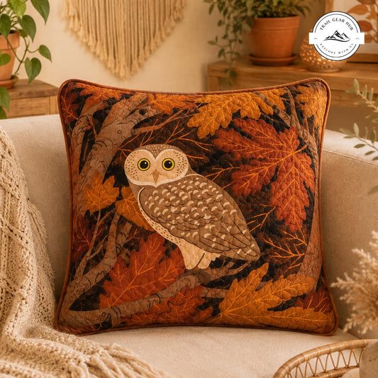 Autumn Maple Leaves & Owl Quilted Pillow Cover TN54QLTPLC
