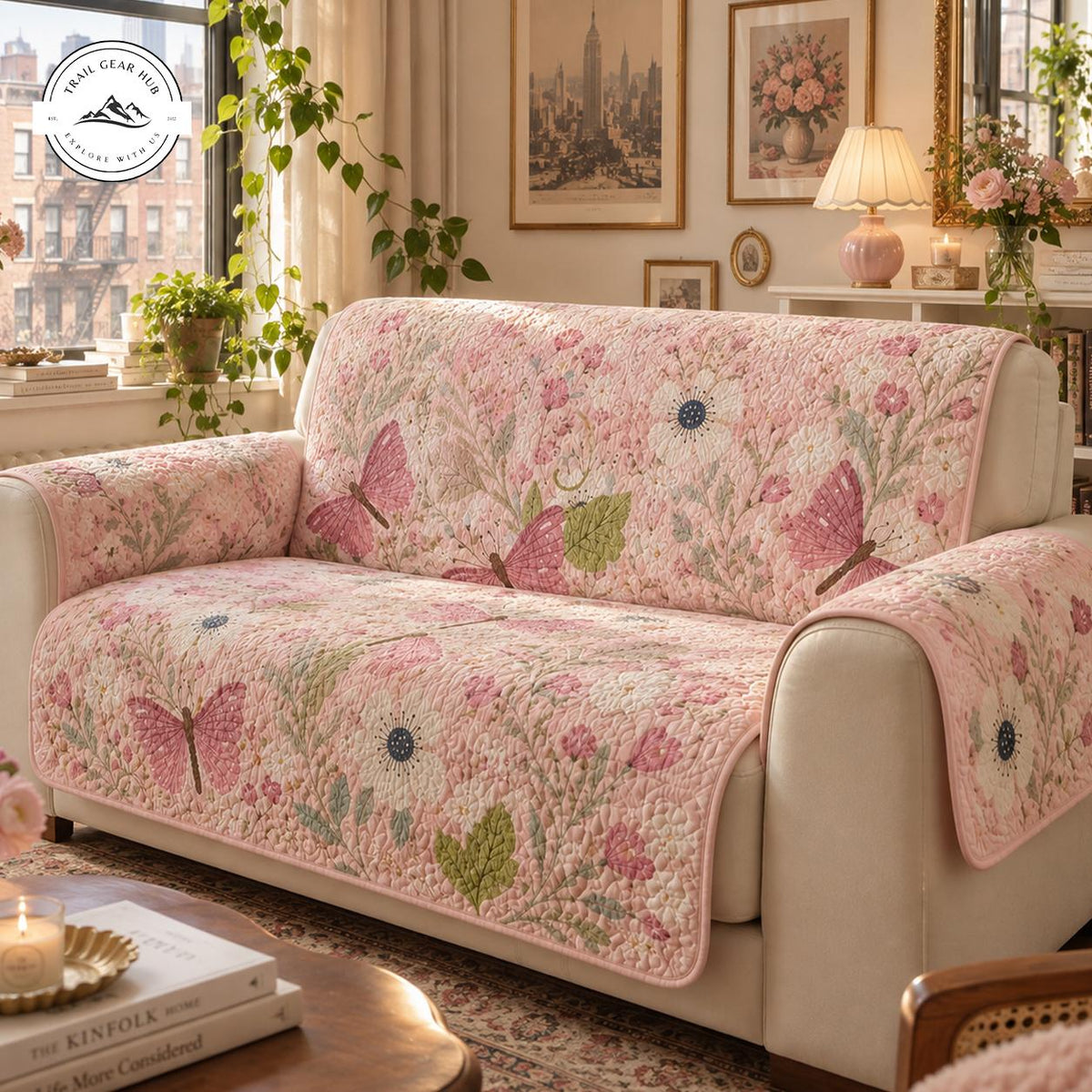 Vintage Pink Floral & Butterfly Quilted Seat Sofa TN63