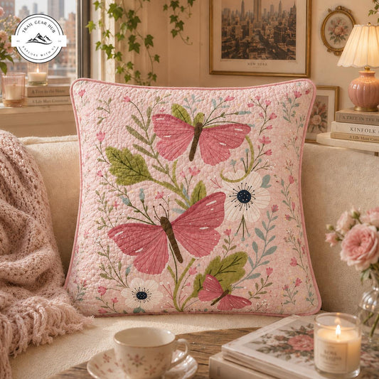 Vintage Pink Floral & Butterfly Quilted Pillow Cover TN63QLTPLC