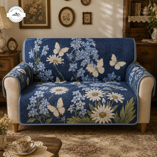 Vintage Blue Butterfly & Daisy Patterned Quilted Seat Sofa TN64