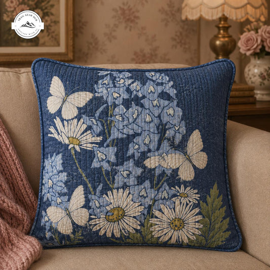 Vintage Blue Butterfly & Daisy Patterned Quilted Pillow Cover TN64QLTPLC