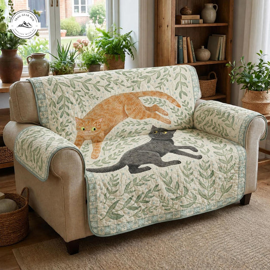 Vintage Cat & Botanical Leaf Quilted Seat Sofa TN66