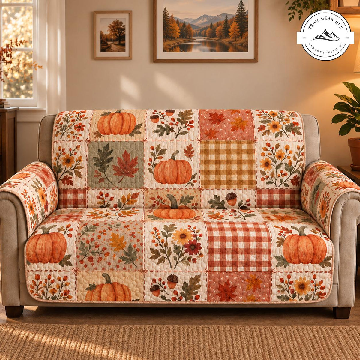 Cozy Autumn Pumpkin & Plaid Quilted Seat Sofa TN98