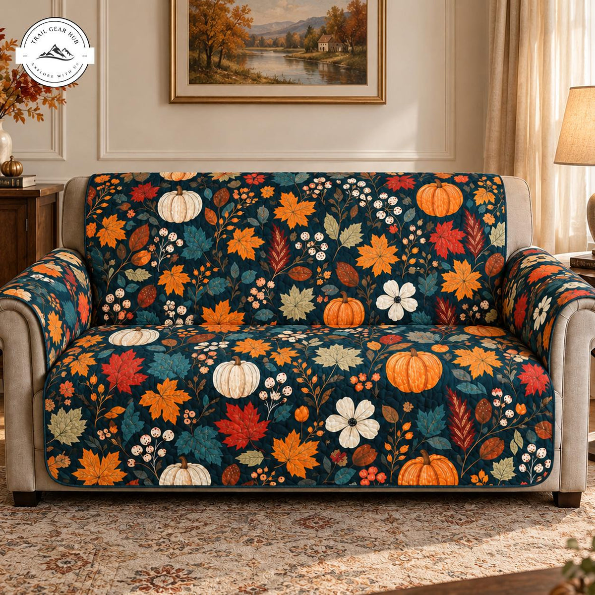 Fall Floral & Pumpkin Quilted Seat Sofa TN108