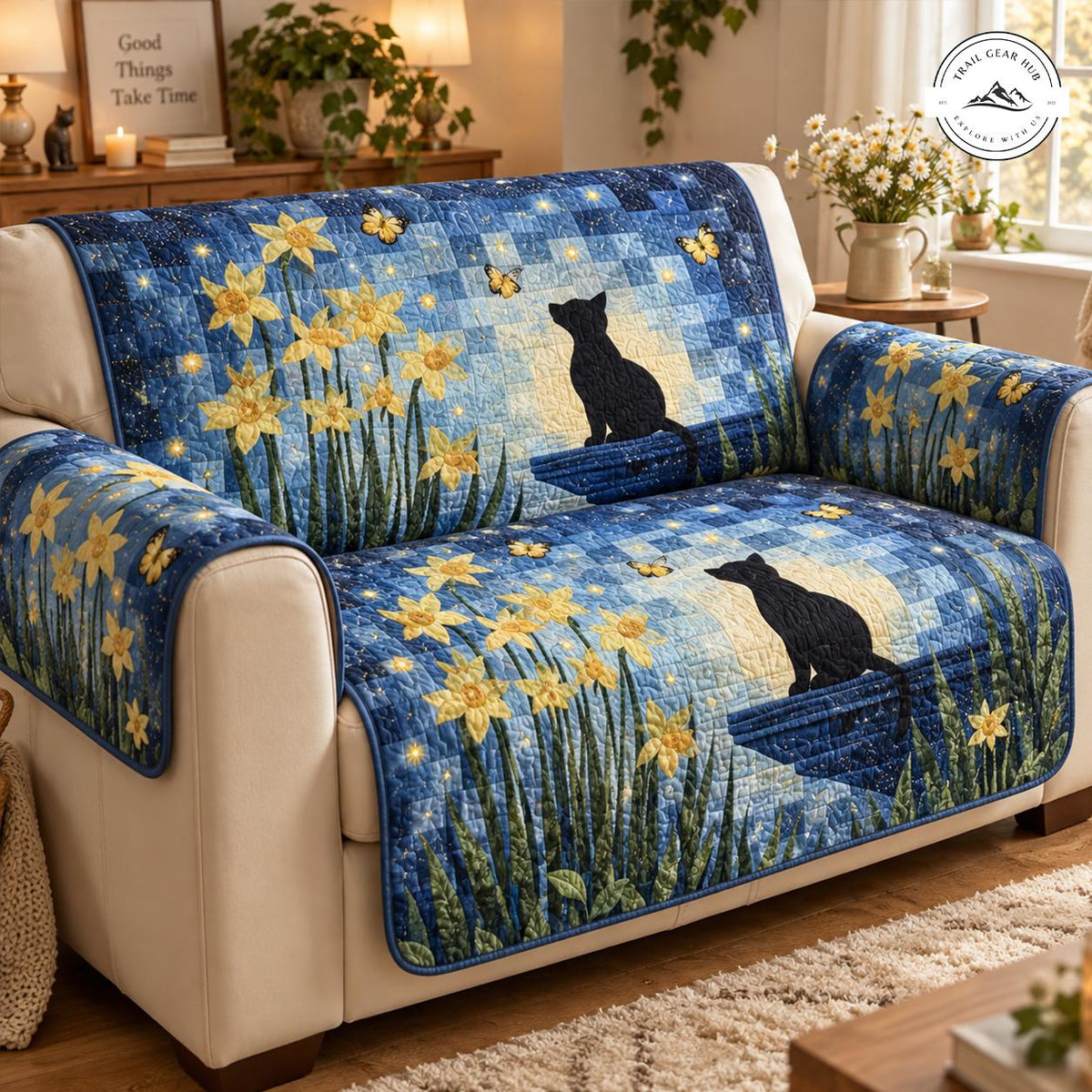 Night Sky Black Cat & Daffodil Quilted Seat Sofa TN111