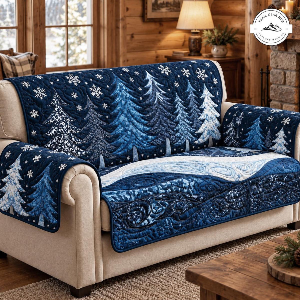 Blue Winter Pine Tree Quilted Seat Sofa TN147