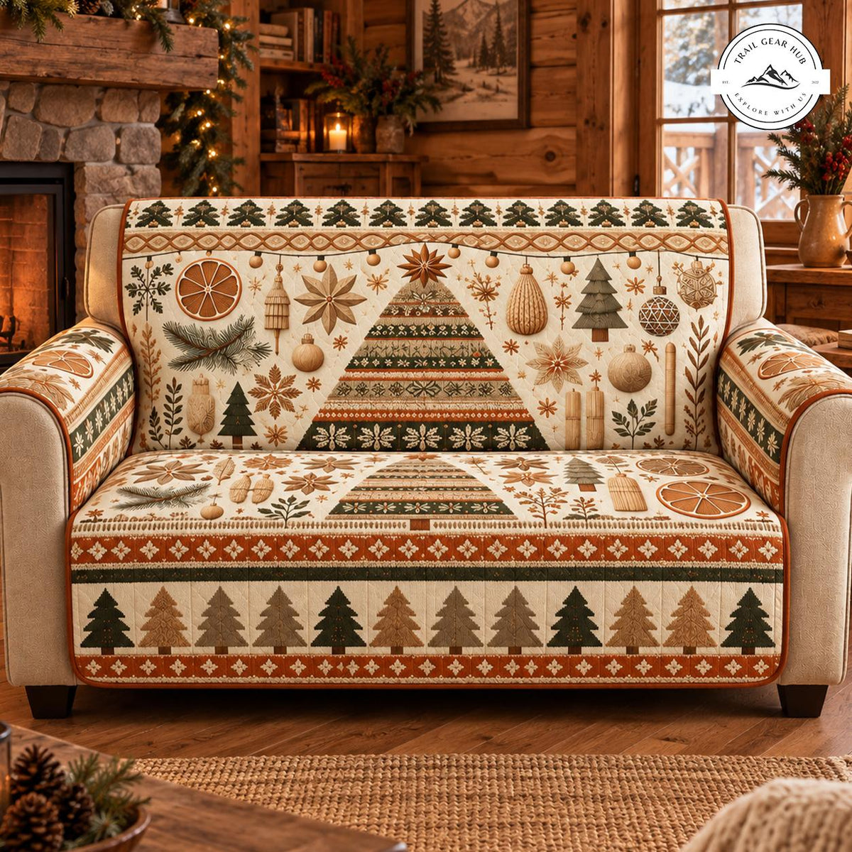 Festive Christmas Trees & Winter Cabin Quilted Seat Sofa TN150