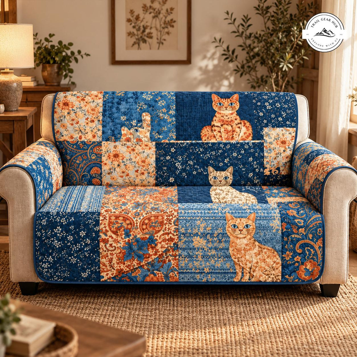Charming Cat & Floral Patchwork Quilted Seat Sofa TN154