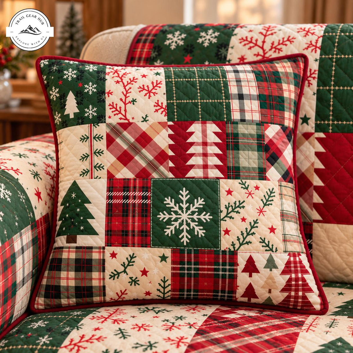 Holiday Plaid & Tree Print Quilted Pillow Cover TN196QLTPLC