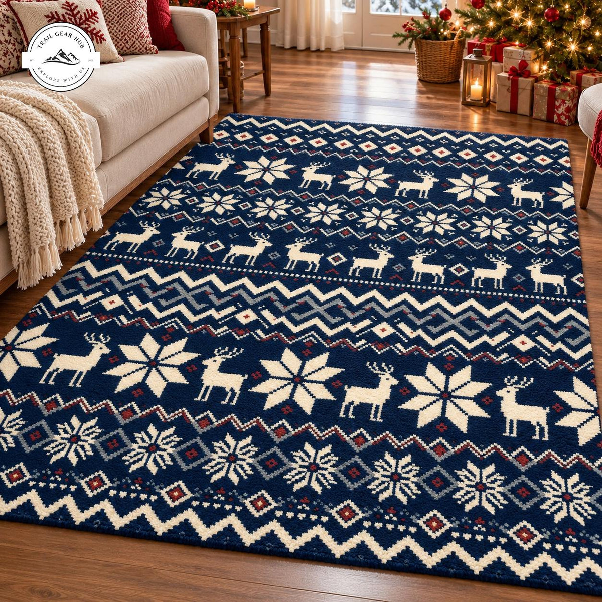Festive Reindeer & Snowflake Print Premium Faux Cashmere Area Rug TN205FCARUG