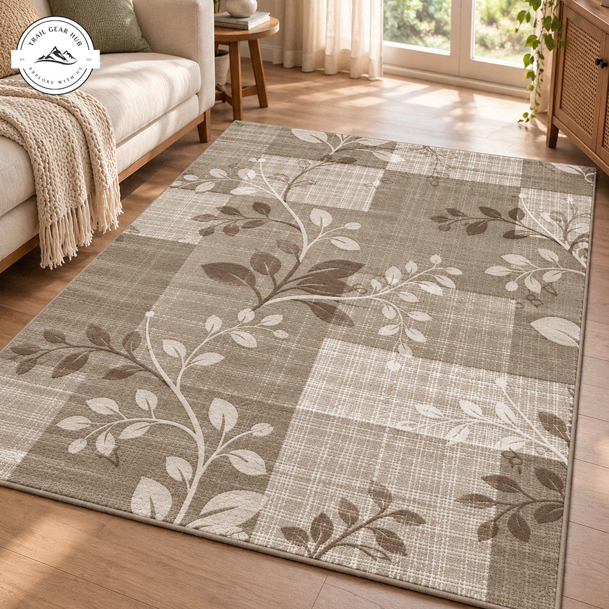Farmhouse Brown Leaf Pattern Premium Faux Cashmere Area Rug TN226FCARUG
