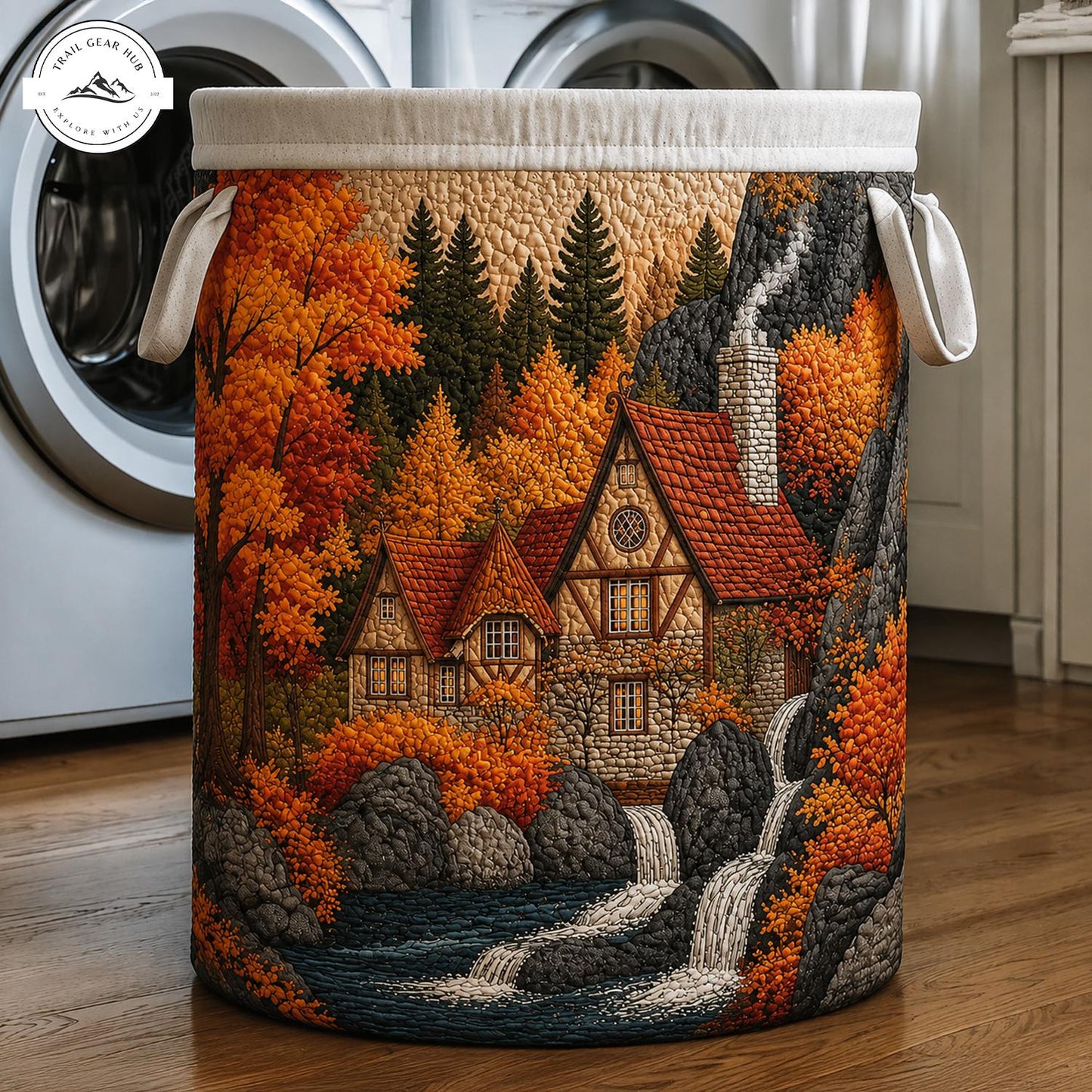 Autumn Cottage Waterfall Cabin Quilted Laundry Basket TN11