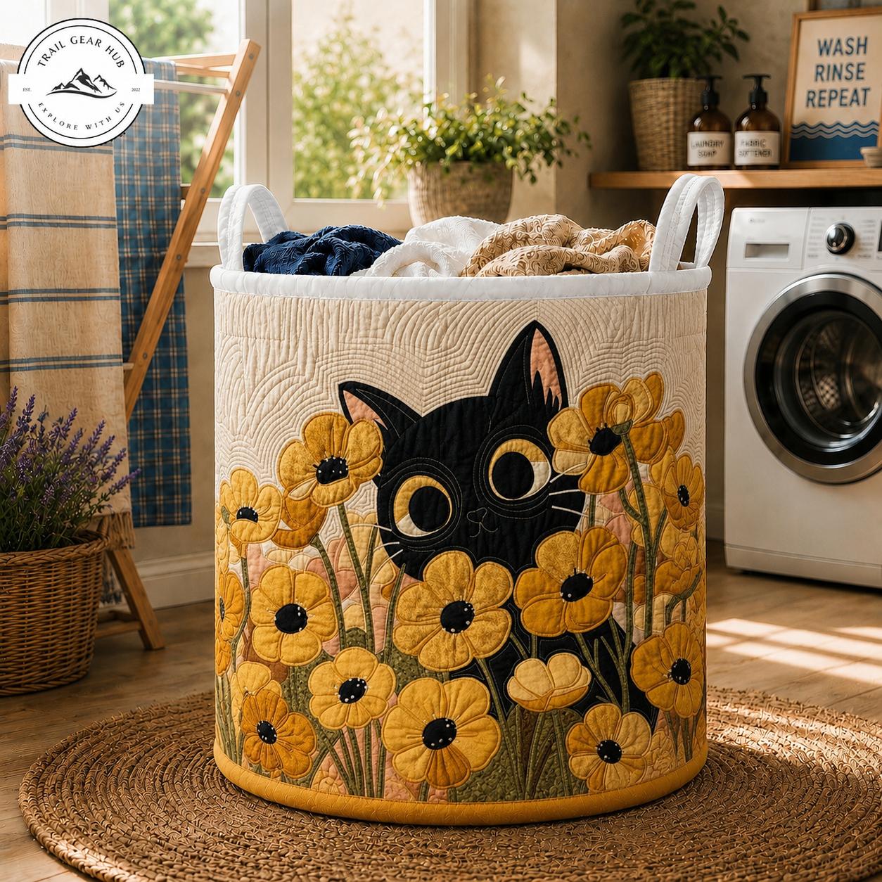 Black Cat & Sunflowers Quilted Laundry Basket TN32