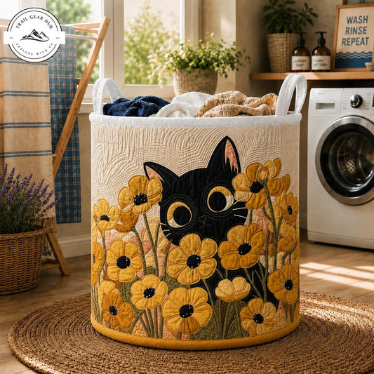 Black Cat & Sunflowers Quilted Laundry Basket TN32