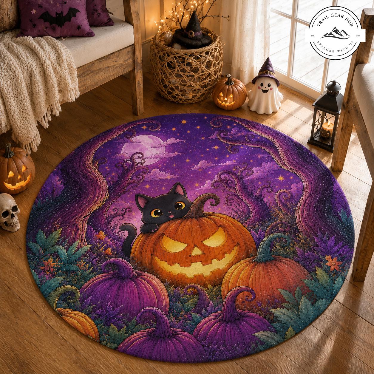 Halloween Black Cat & Pumpkin Patch Round Carpet TN06