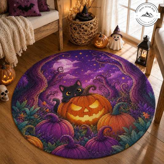 Halloween Black Cat & Pumpkin Patch Round Carpet TN06