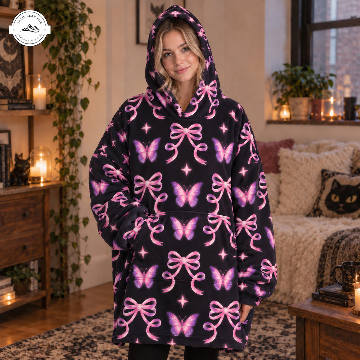 Pink Ribbon & Purple Butterfly Print Snug Hoodie TN07