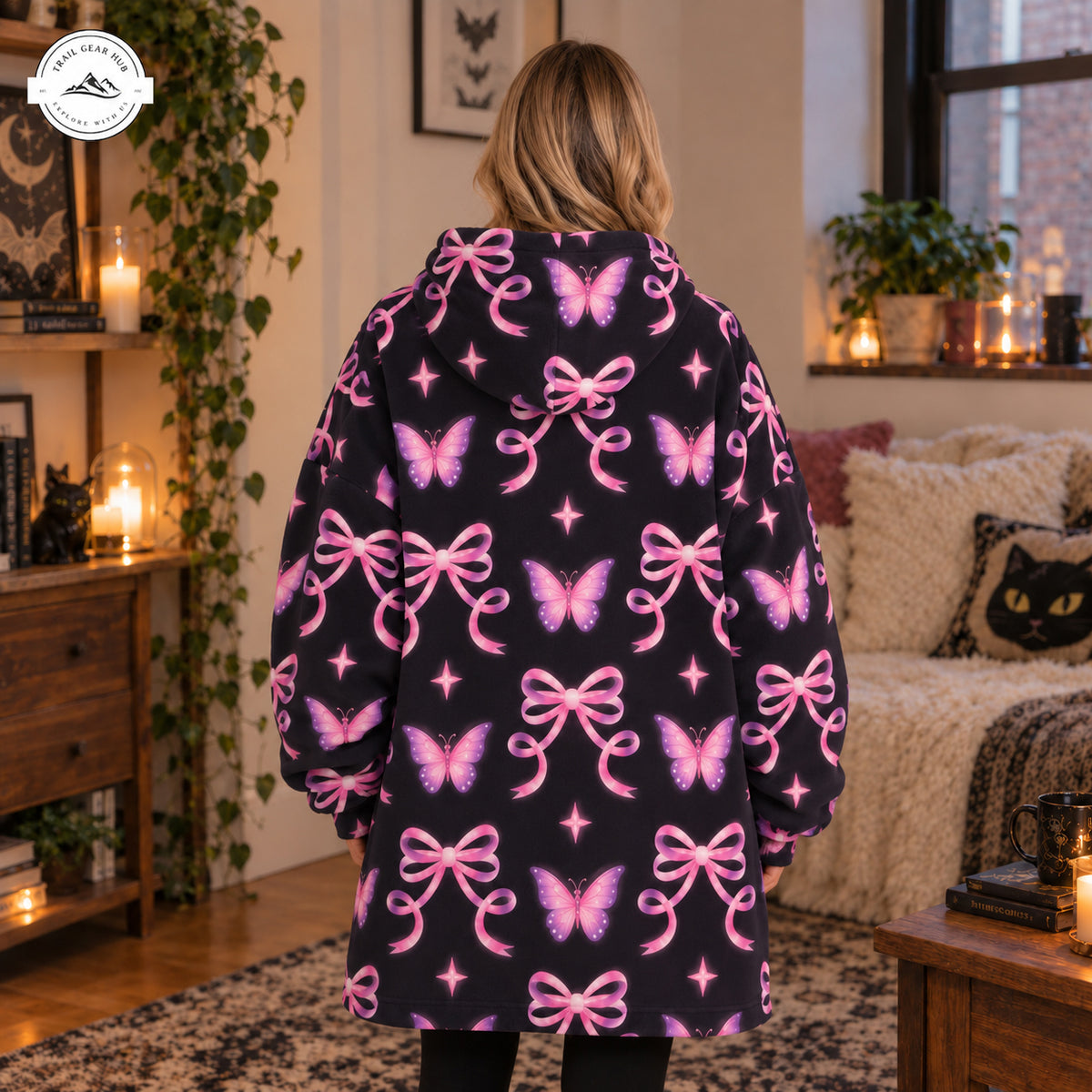 Pink Ribbon & Purple Butterfly Print Snug Hoodie TN07